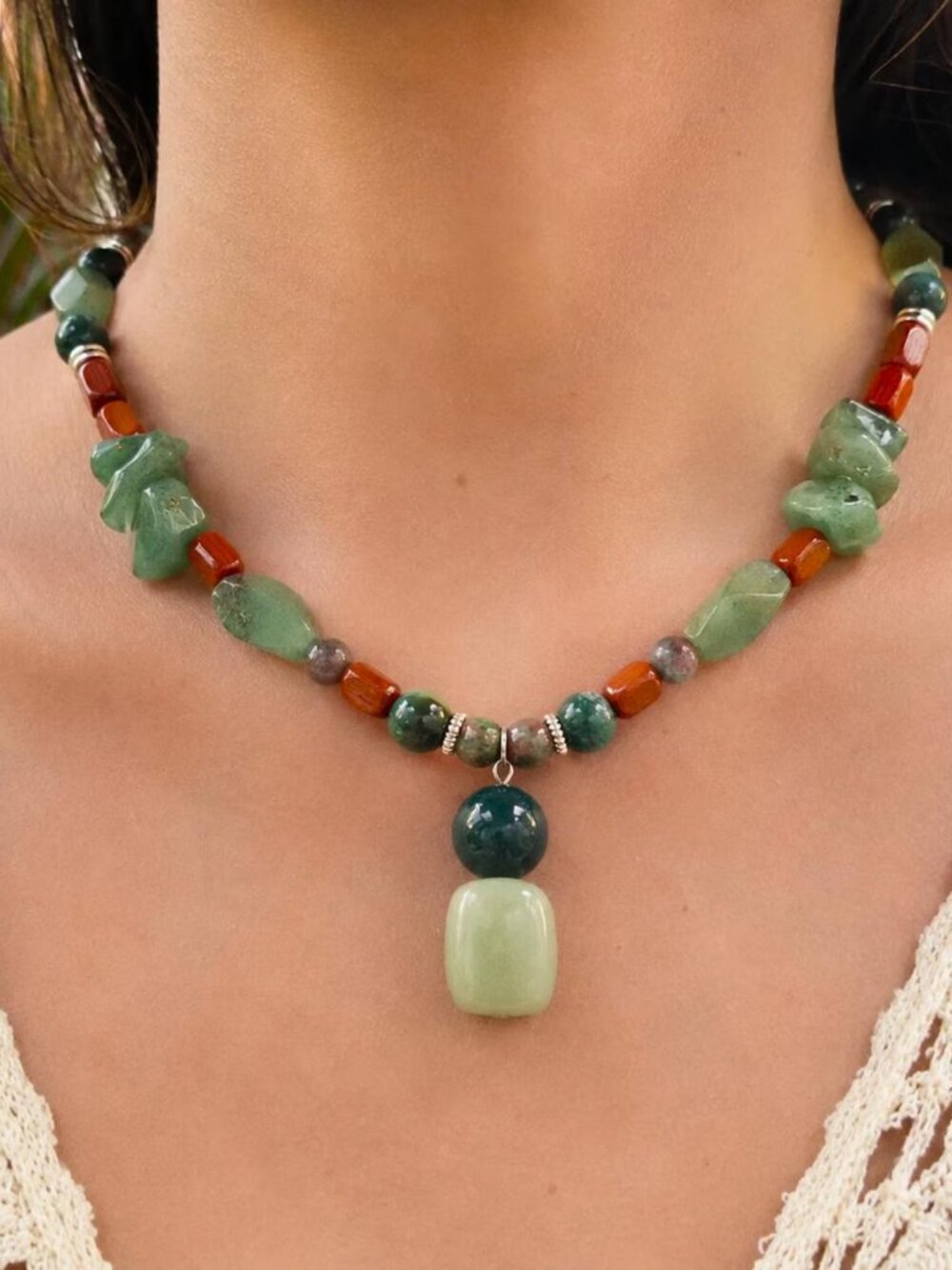 Blue Green Agate & Jade Beaded Pendant Necklace - Wood, Aventurine, and Garnet